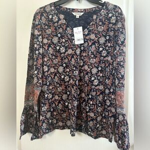 NWT Lucky Brand Navy and Rust Boho Floral Blouse Size L